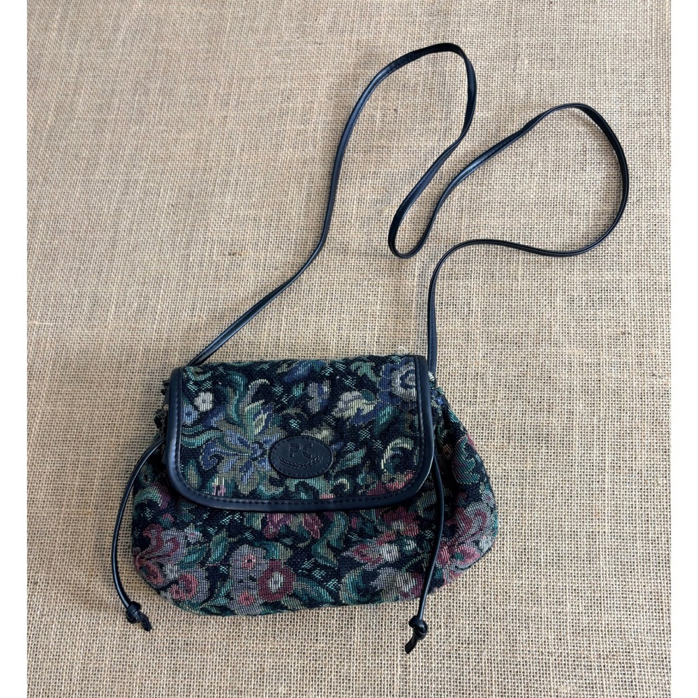 Grannycore Vintage Floral Tapestry 90s Crossbody Bag Black Faux Trim